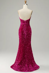Hot Pink Trägerloses Pailletten Ballkleid mit Schlitz